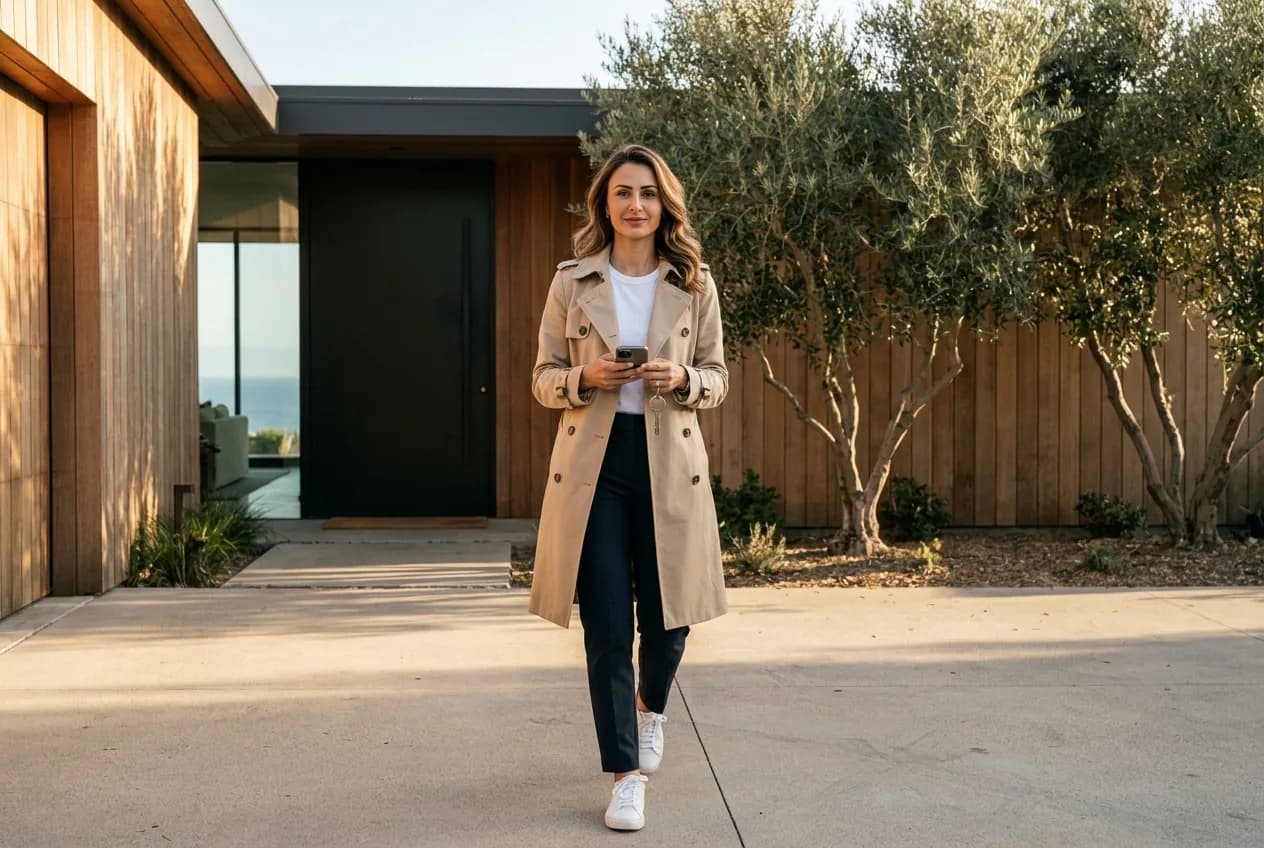 Gabrielle Levin walking out of a luxury South Florida home